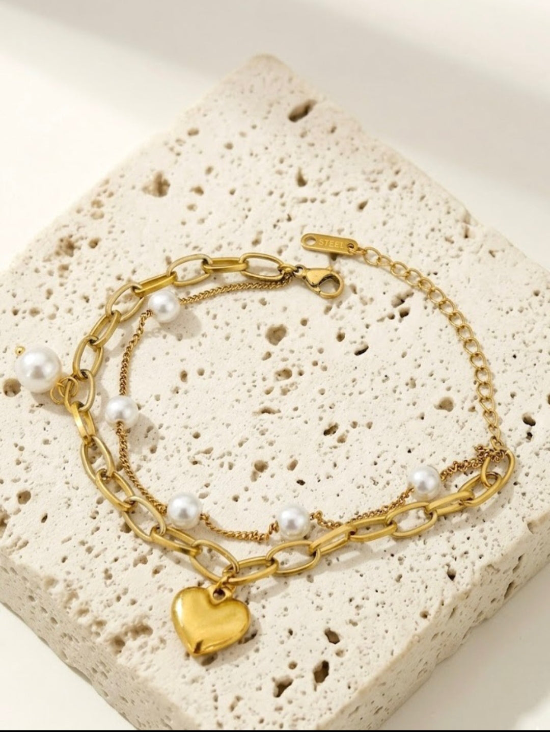 Heart And White Stone Bracelet Stainless Steel