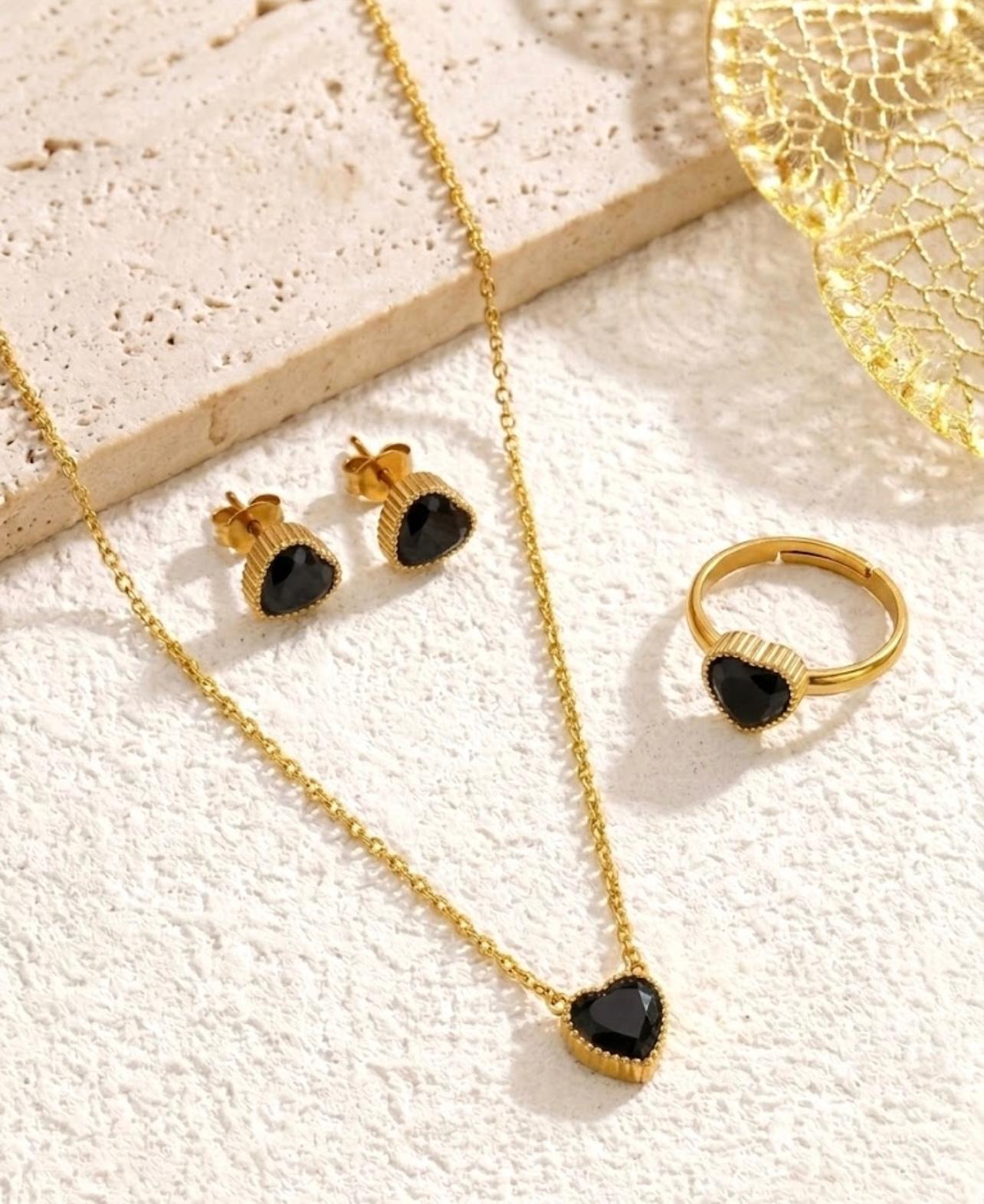 Black Heart Stone Jewellery Set Stainless Steel