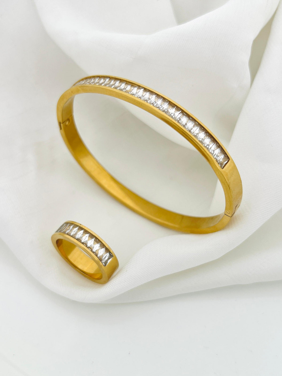 White Stone Stainless Steel Bangle With Ring