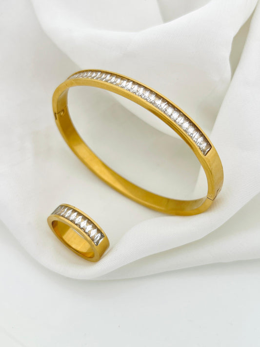 White Stone Stainless Steel Bangle With Ring