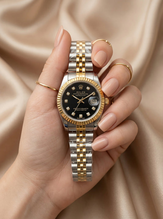 Rolex Date Oyster Black Dial Women Watch - Two Tone