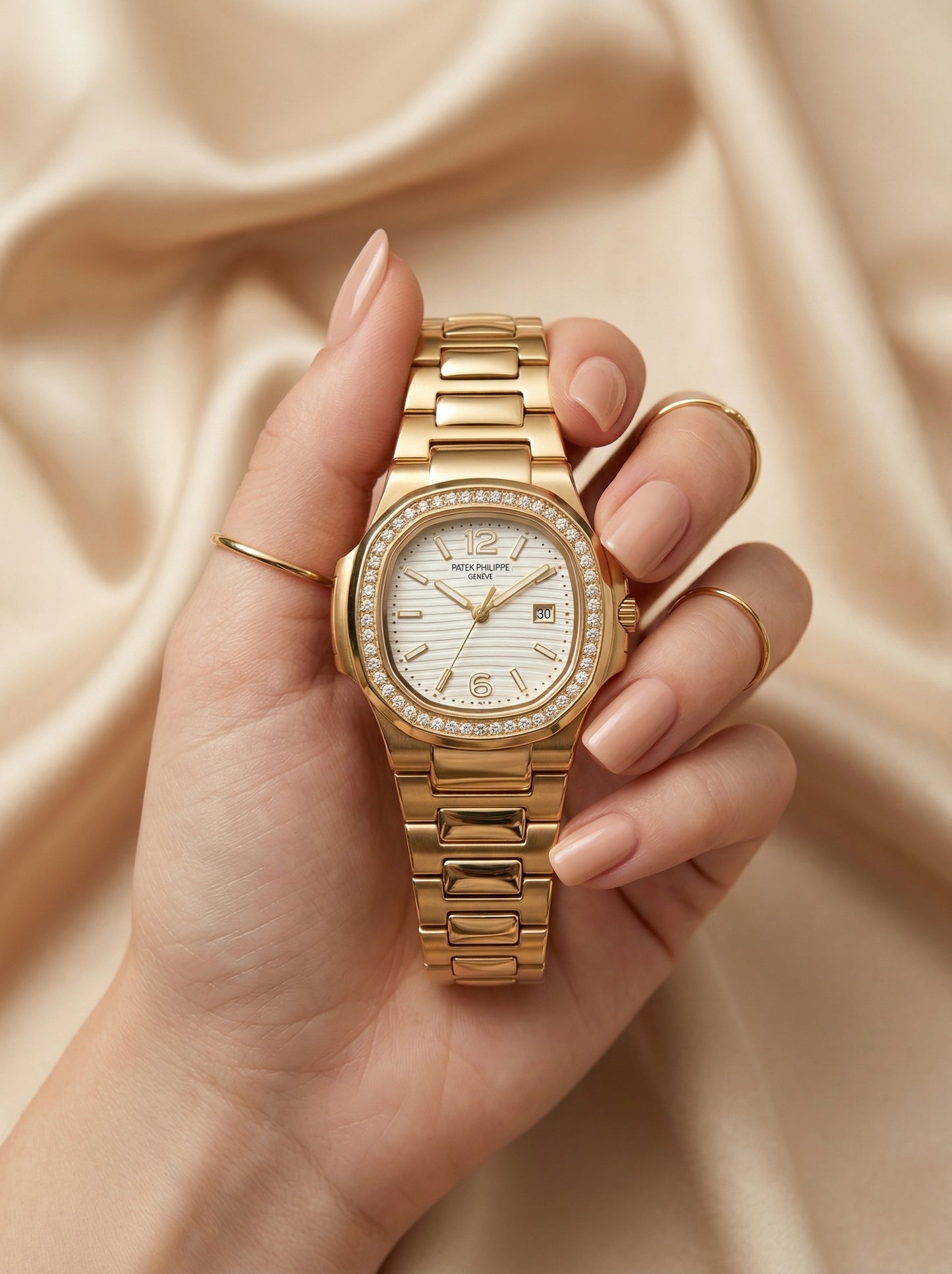 Patek philippe Square White Stone Dial Women Watch- Golden
