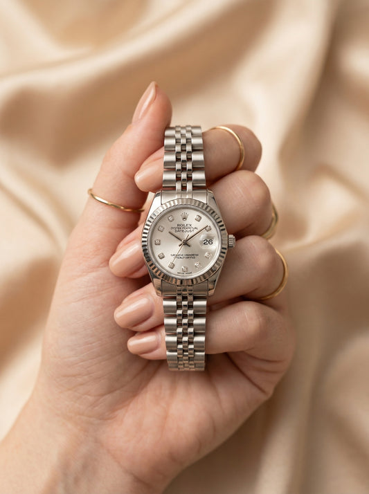 Rolex Date Oyster White Dial Women Watch - Silver