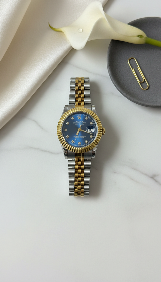 Rolex Date Oyster Golden Dial Women Watch-Blue