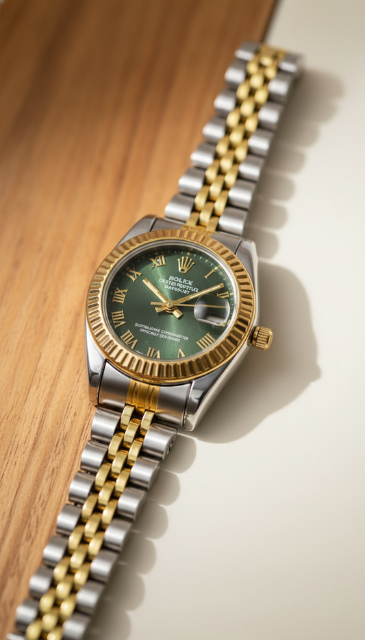 Rolex Date Oyster Golden Dial Women Watch-Green